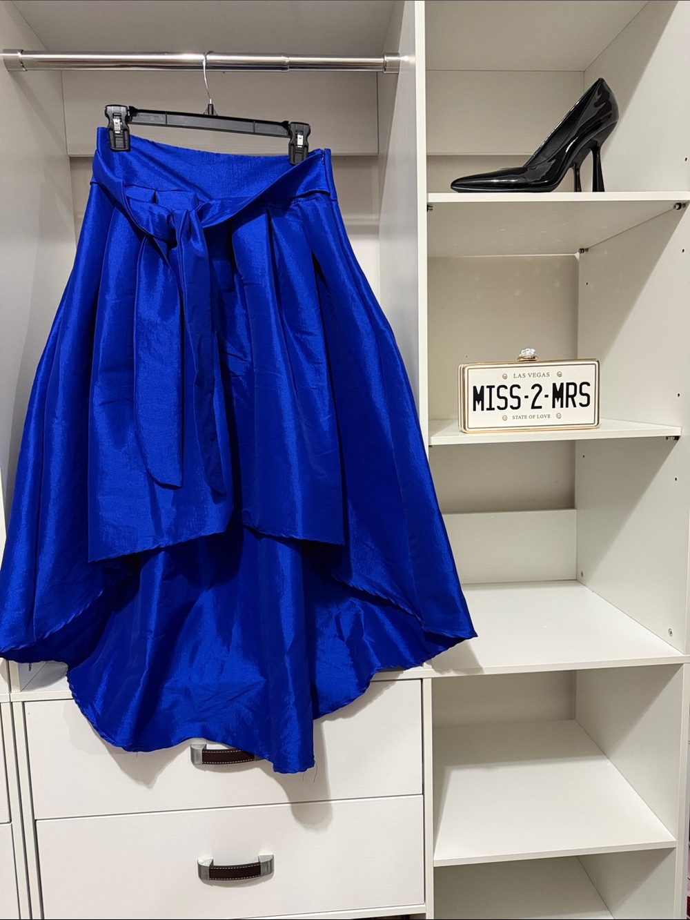 Women’s High-Low Satin Skirt with Waist Tie - Royal Blue